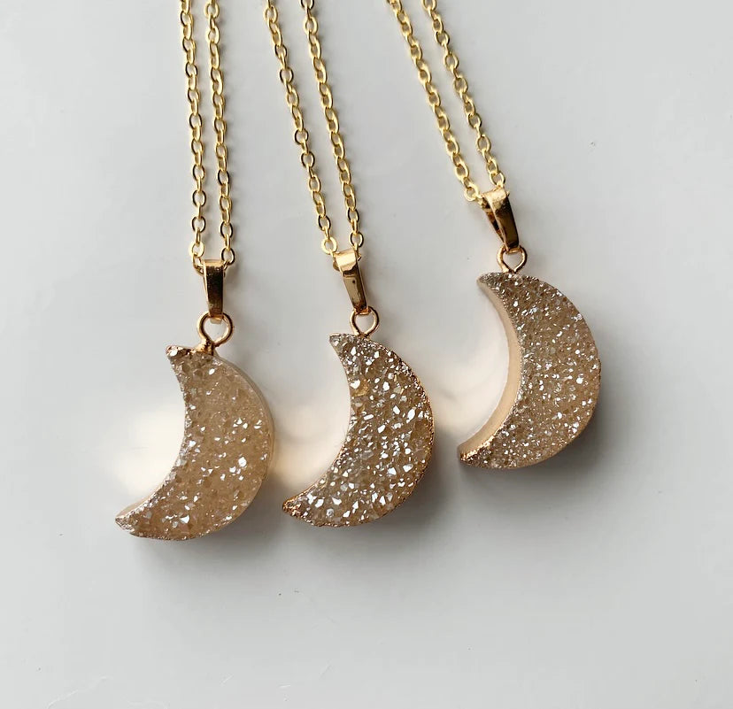 Natural Raw Quartz Moon Necklaces + 24K Gold Plated