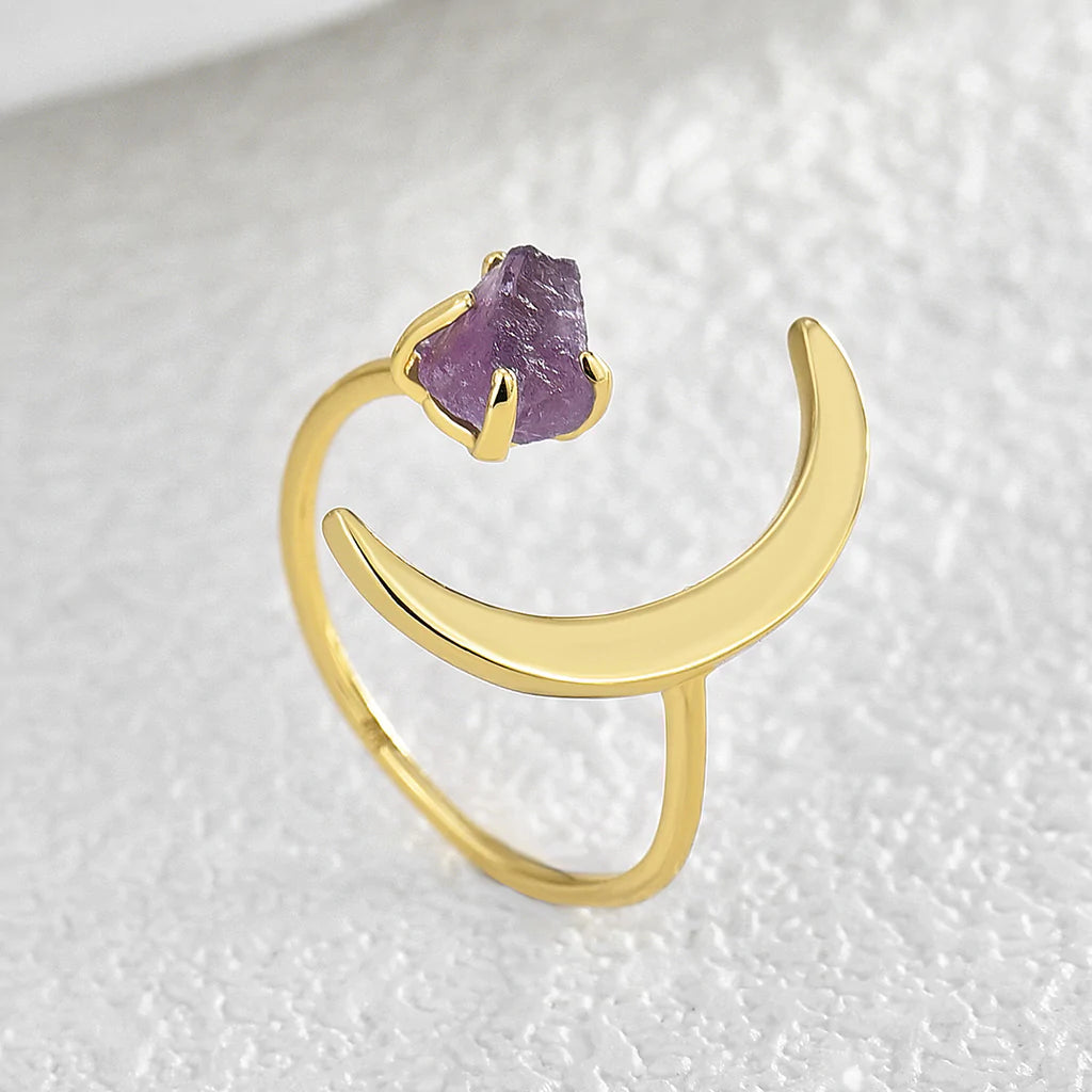 Moon Natural Raw Amethyst Ring - 24k Gold Plated