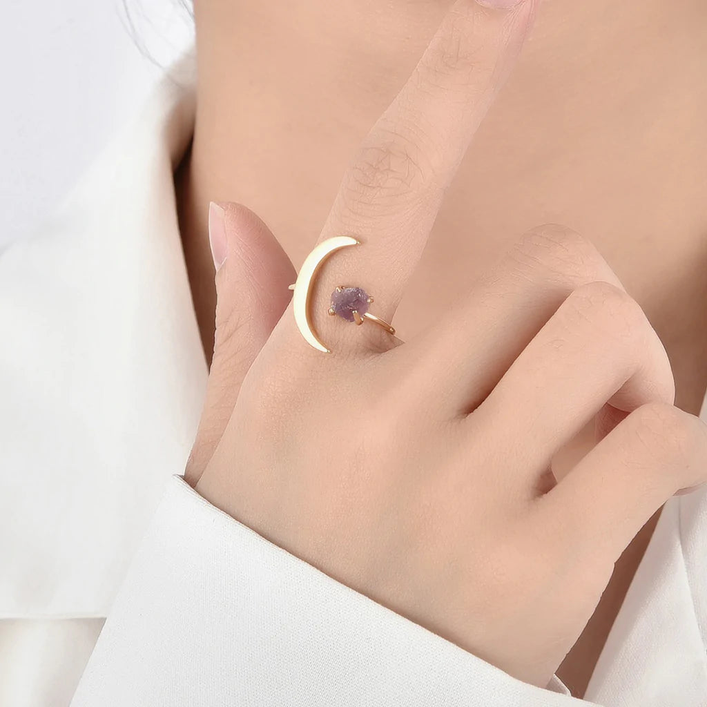 Moon Natural Raw Amethyst Ring - 24k Gold Plated