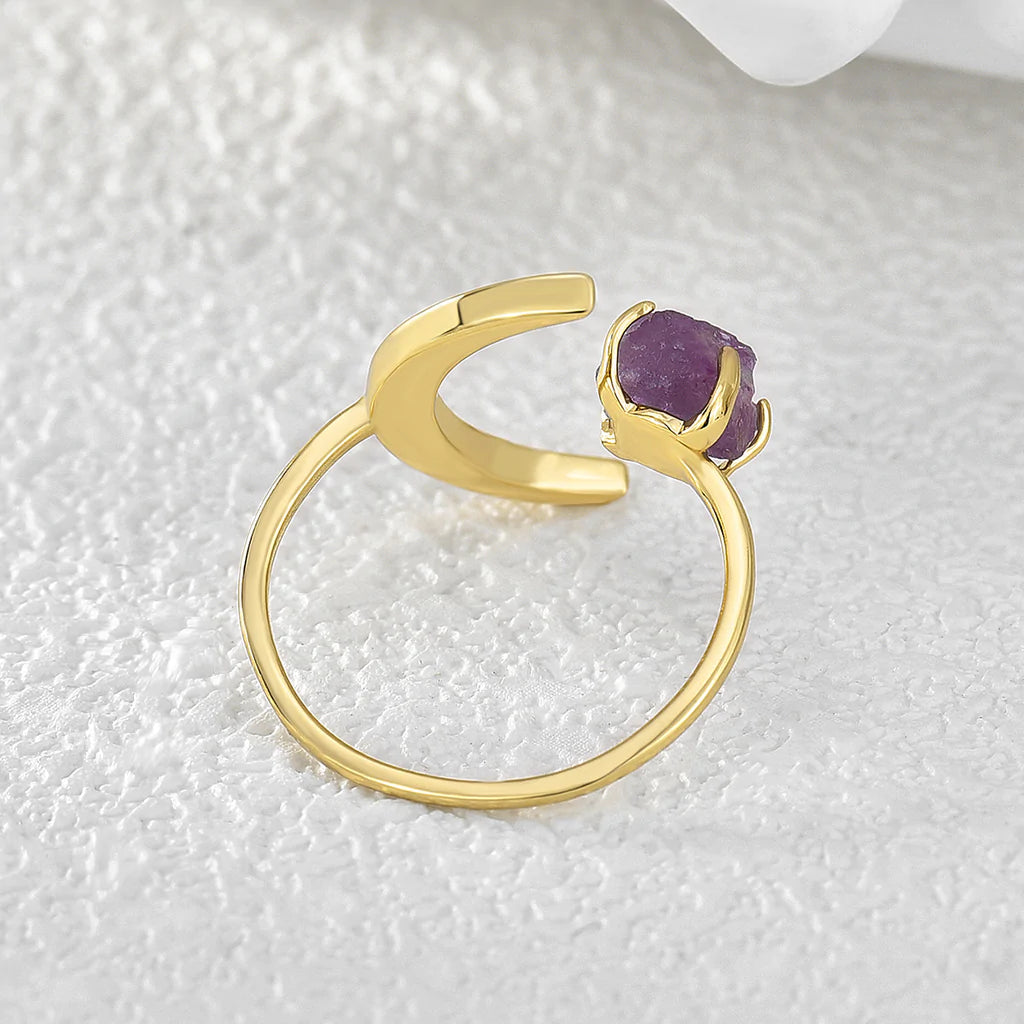 Moon Natural Raw Amethyst Ring - 24k Gold Plated