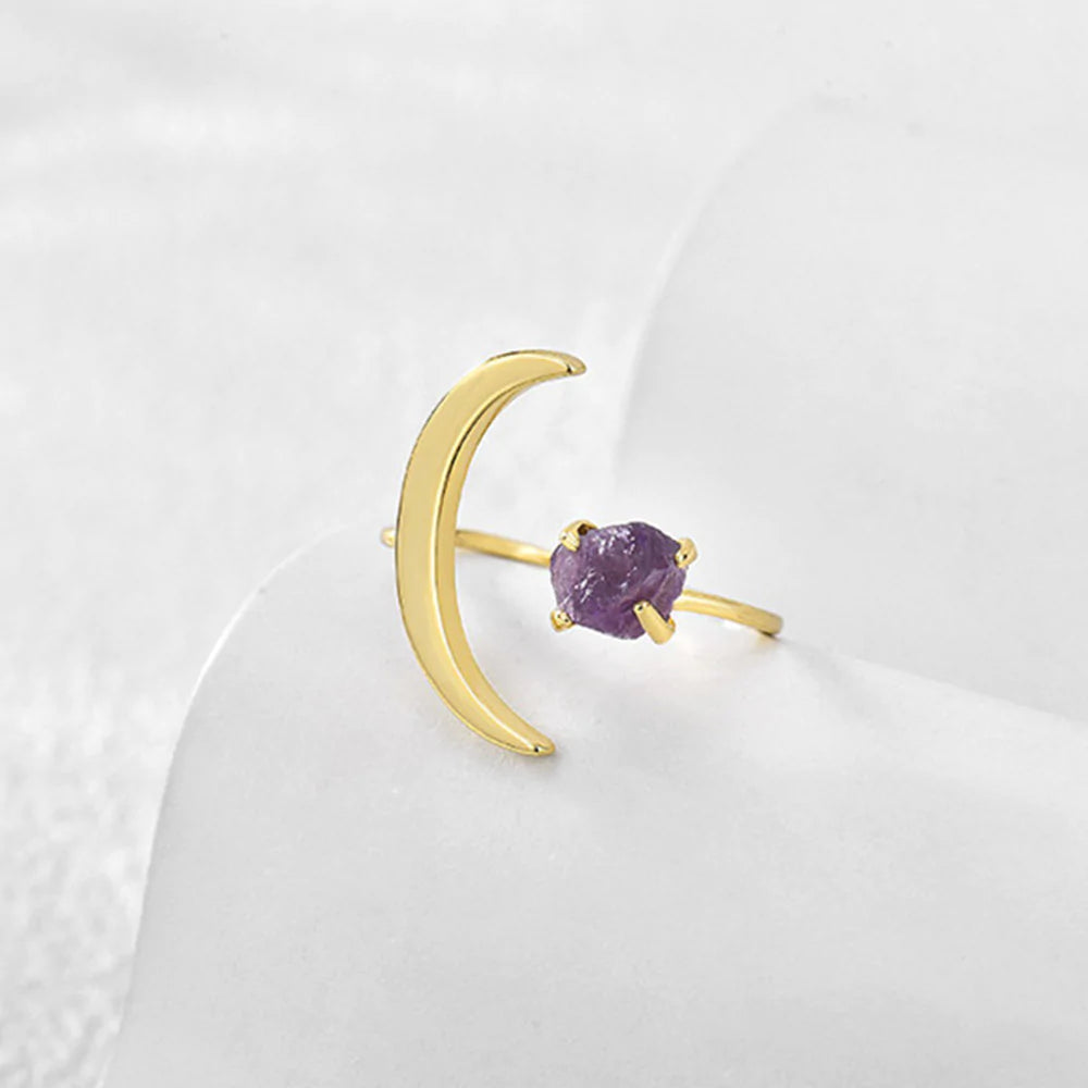 Moon Natural Raw Amethyst Ring - 24k Gold Plated