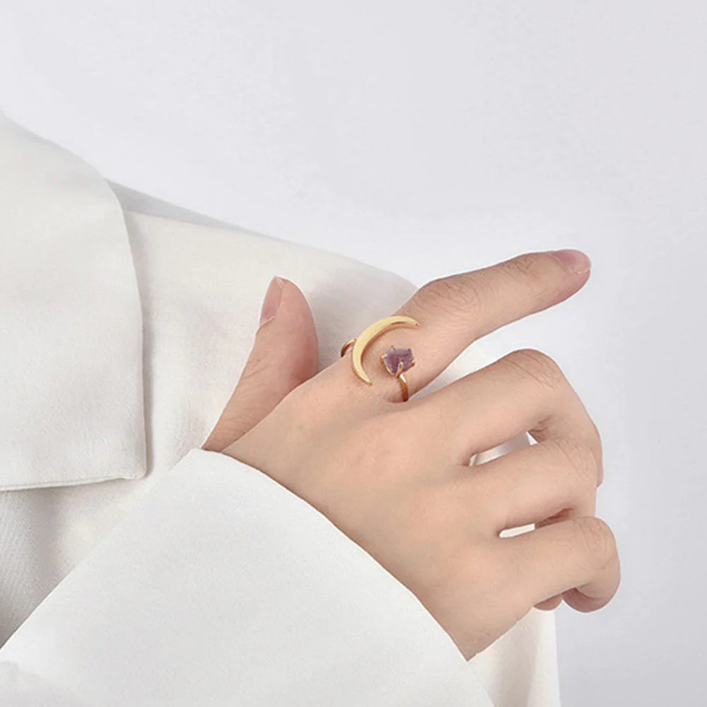 Moon Natural Raw Amethyst Ring - 24k Gold Plated