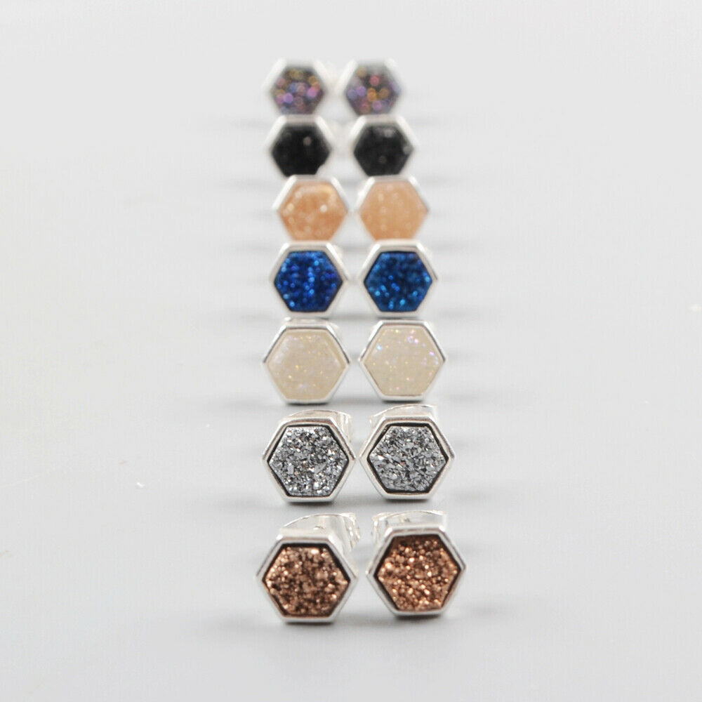 Hexagon Natural Quartz Earrings - Silver Plated