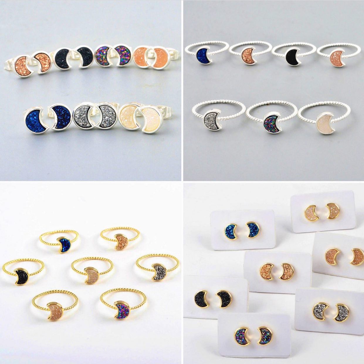 Moon Natural Quartz Earrings - Silver Plated
