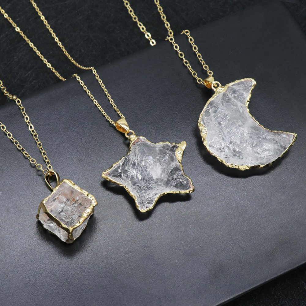 Natural White Crystal Crescent Moon Necklace + 24K Gold Plated/ Silver Plated