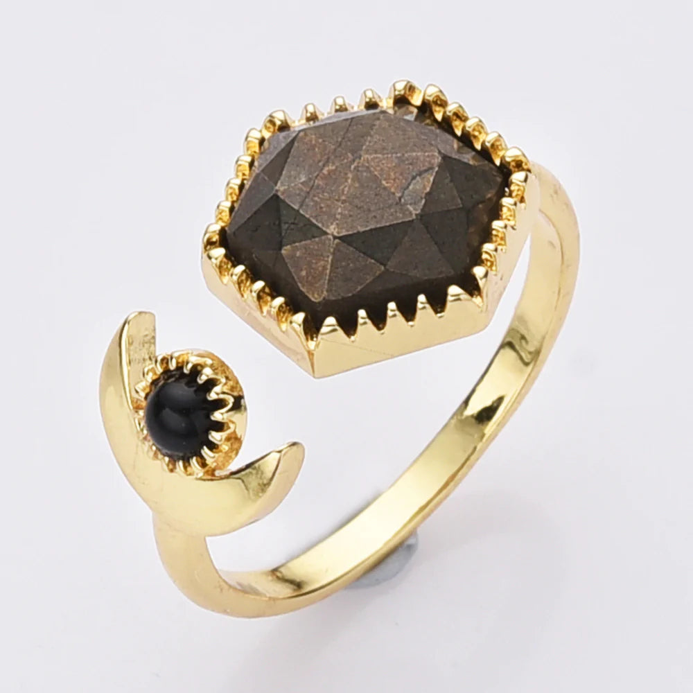 Hexagon Natural Quartz Crystals Ring - 24k Gold Plated