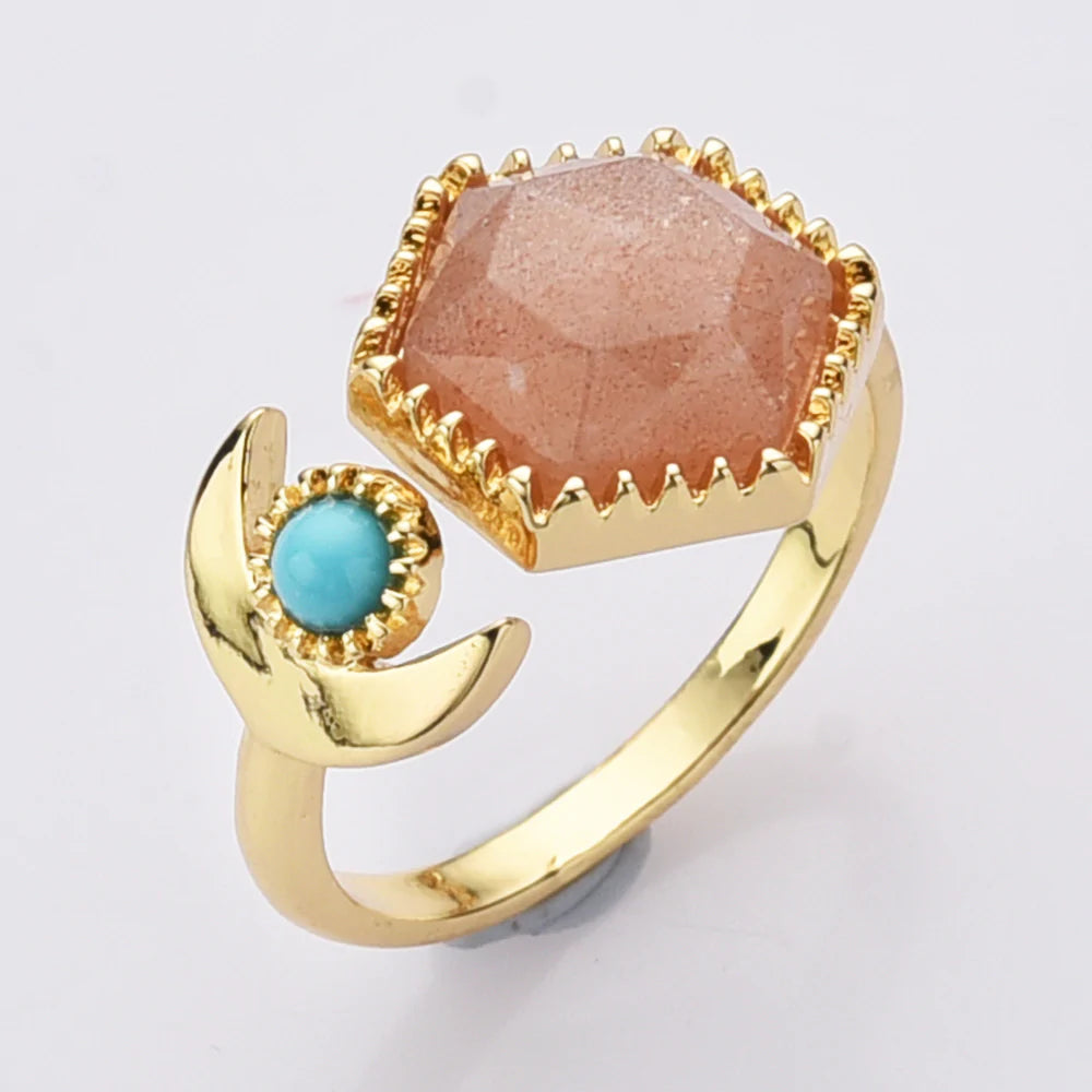 Hexagon Natural Quartz Crystals Ring - 24k Gold Plated