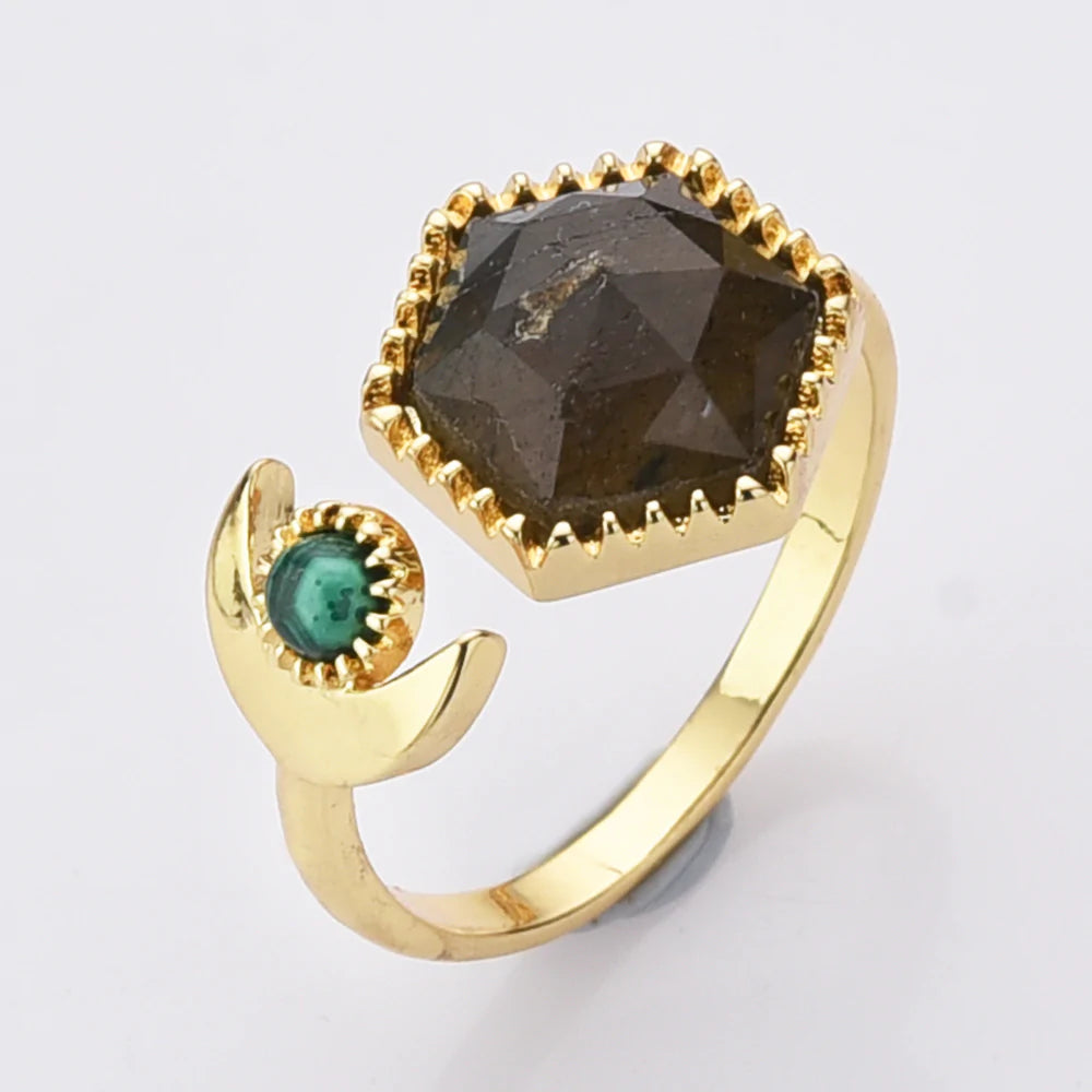Hexagon Natural Quartz Crystals Ring - 24k Gold Plated
