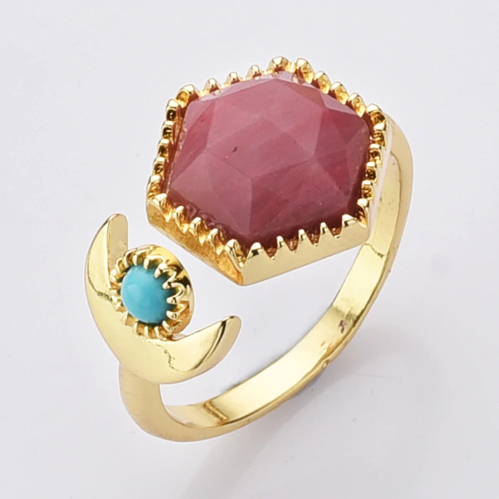 Hexagon Natural Quartz Crystals Ring - 24k Gold Plated