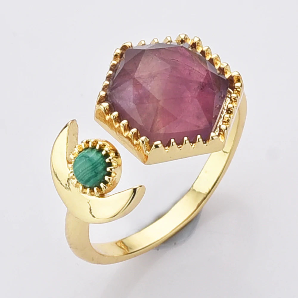 Hexagon Natural Quartz Crystals Ring - 24k Gold Plated