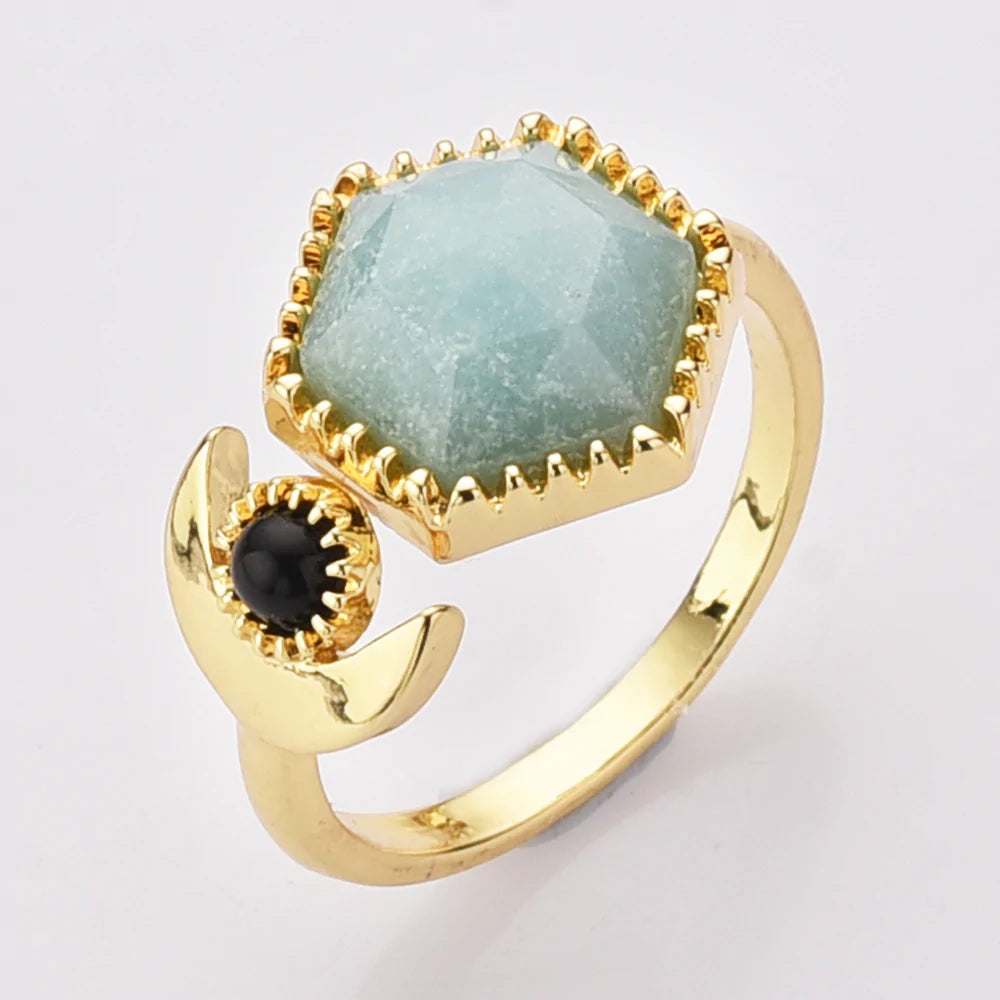Hexagon Natural Quartz Crystals Ring - 24k Gold Plated
