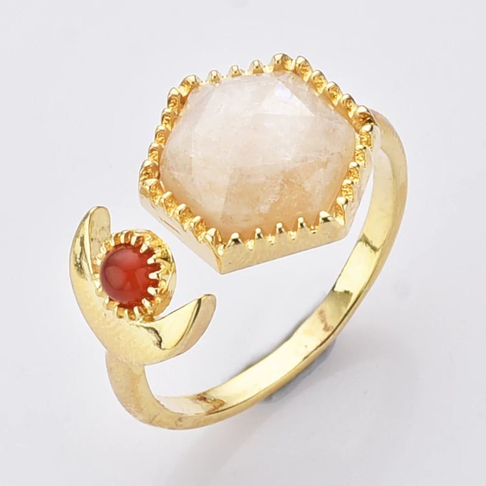 Hexagon Natural Quartz Crystals Ring - 24k Gold Plated