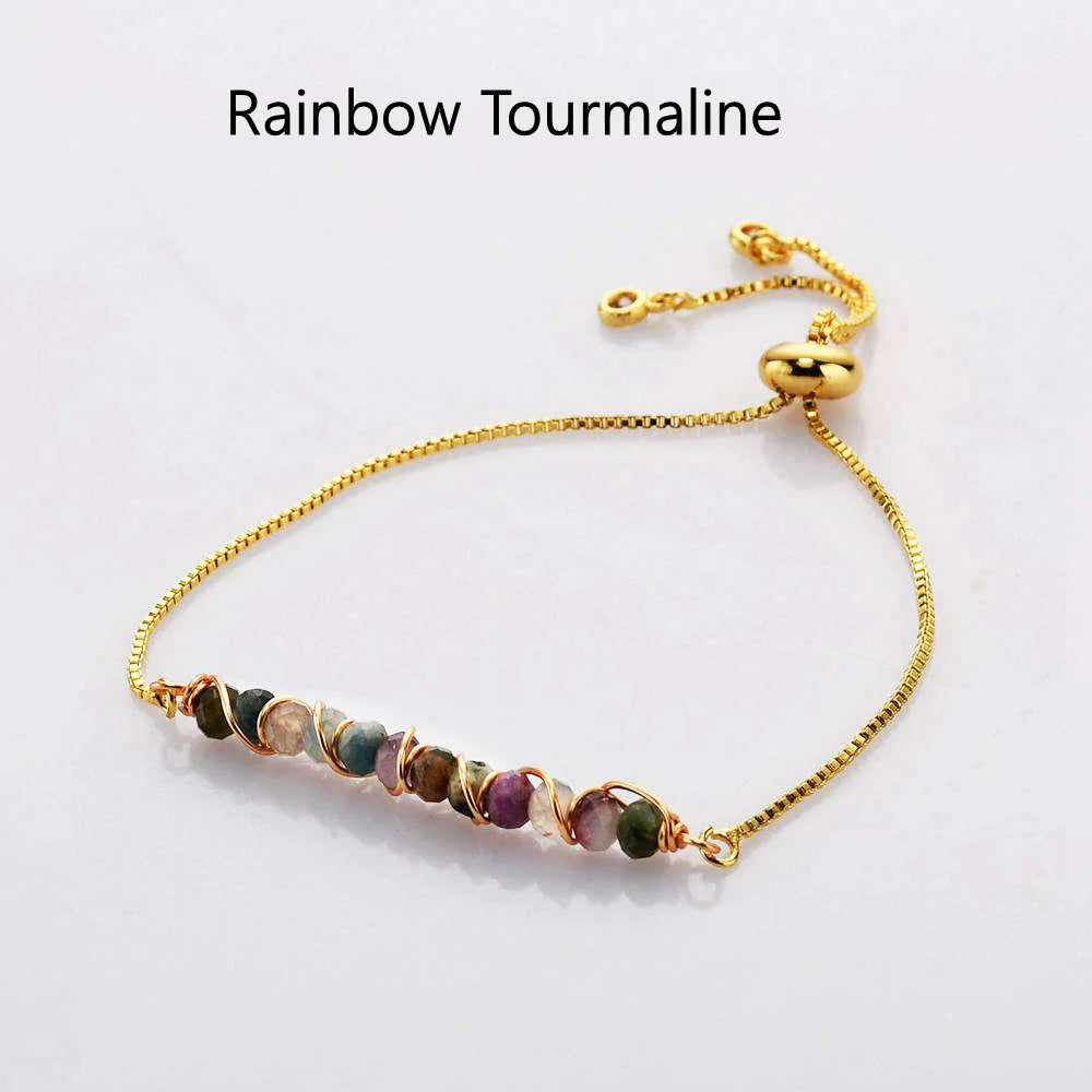 Natural Quartz/Crystals Wired Bracelet - Adjustable Chain+ 24k Gold Plated