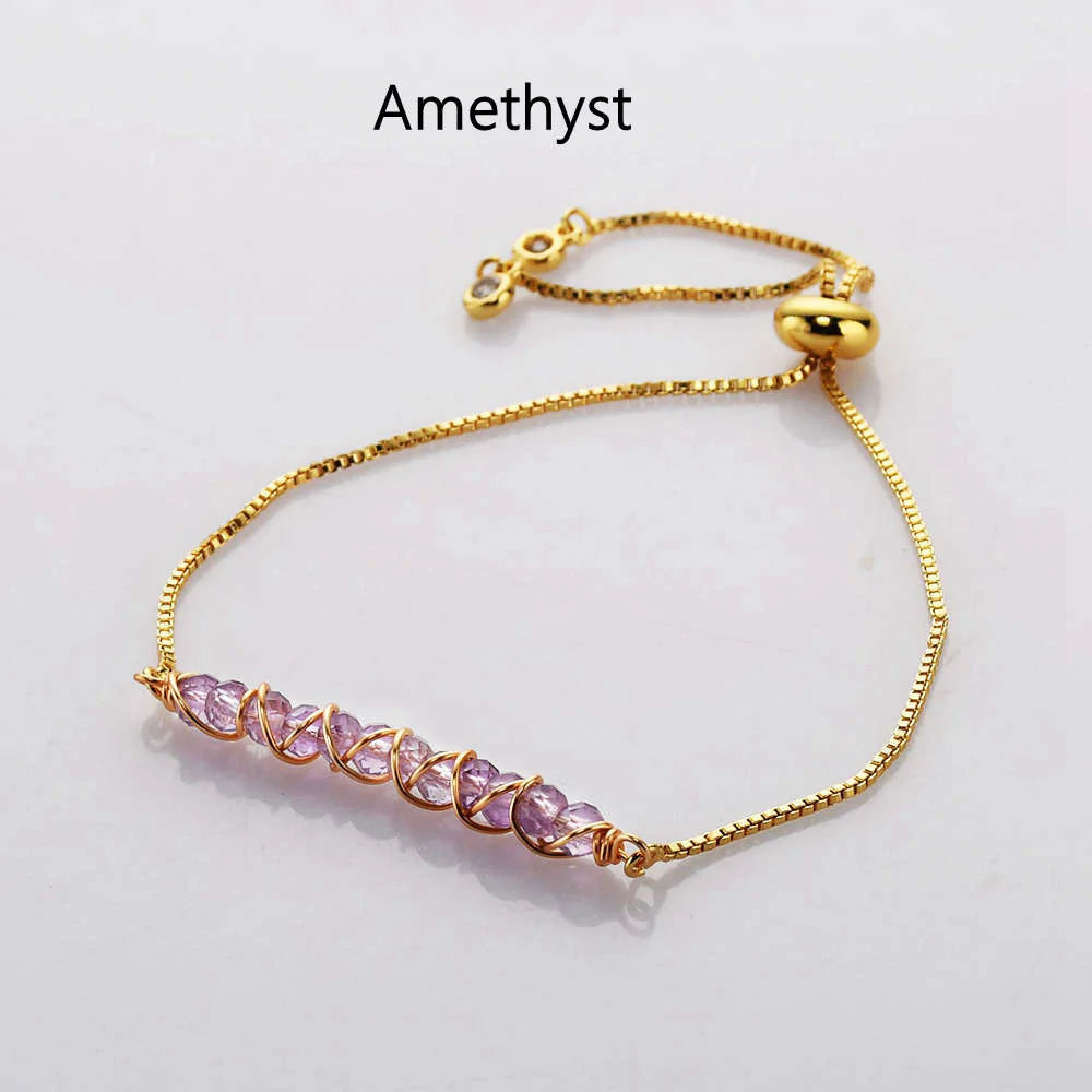 Natural Quartz/Crystals Wired Bracelet - Adjustable Chain+ 24k Gold Plated