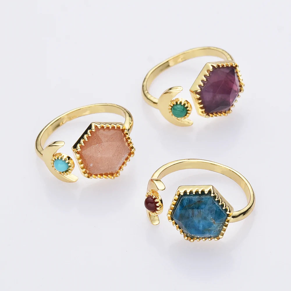 Hexagon Natural Quartz Crystals Ring - 24k Gold Plated