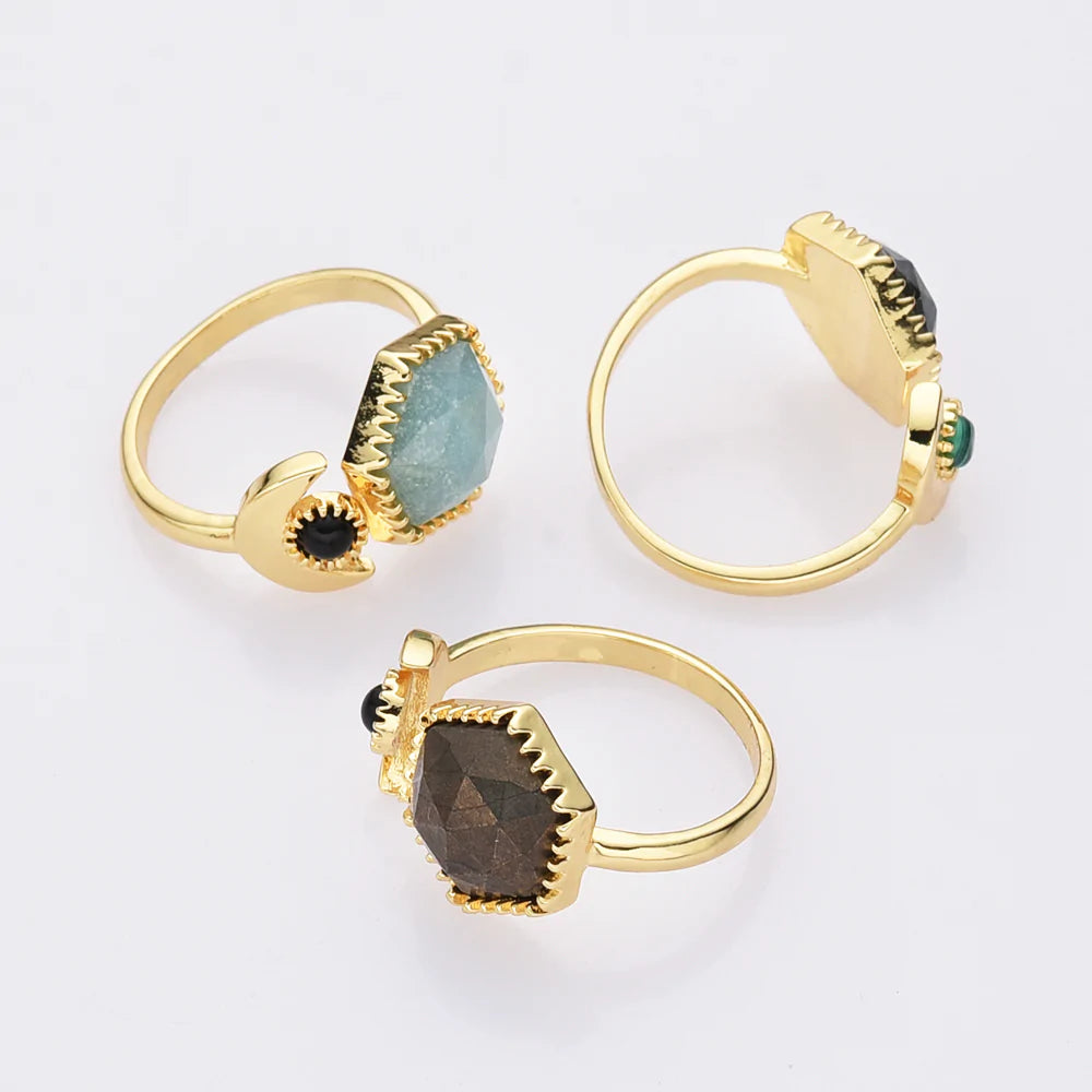 Hexagon Natural Quartz Crystals Ring - 24k Gold Plated