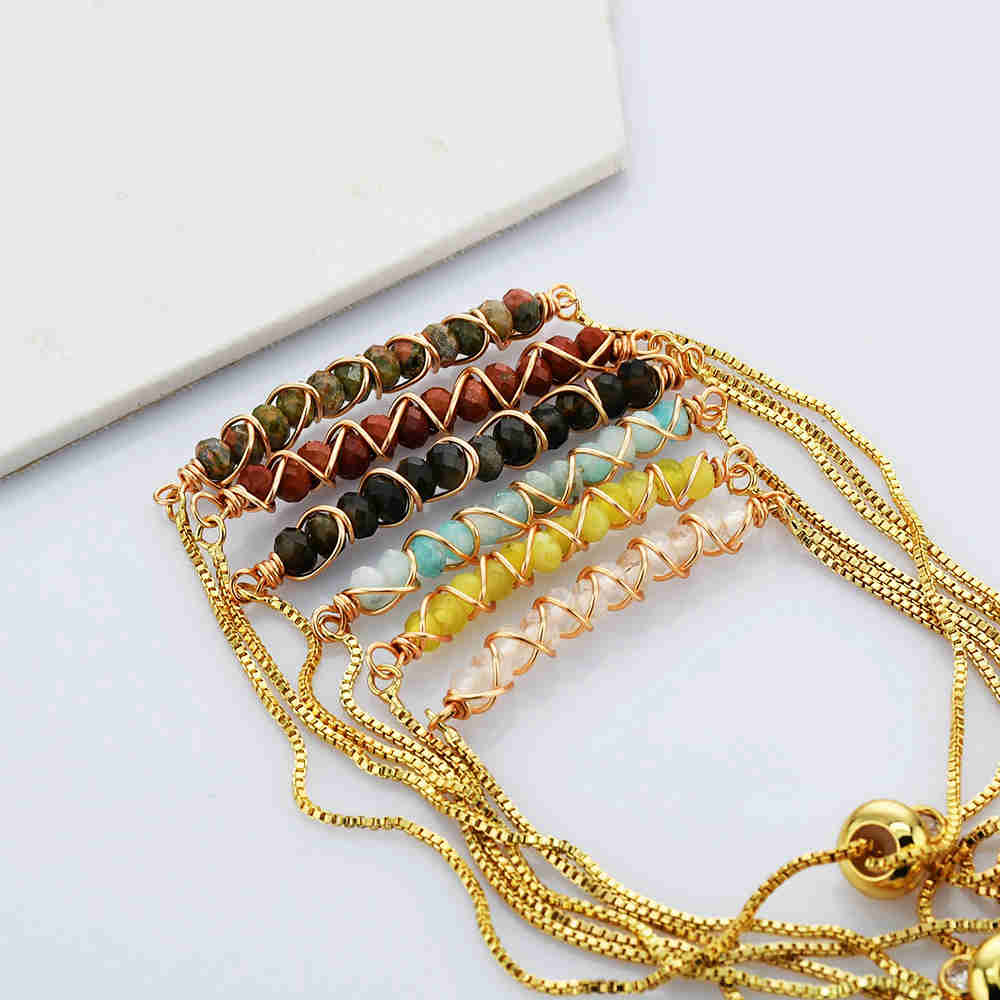 Natural Quartz/Crystals Wired Bracelet - Adjustable Chain+ 24k Gold Plated