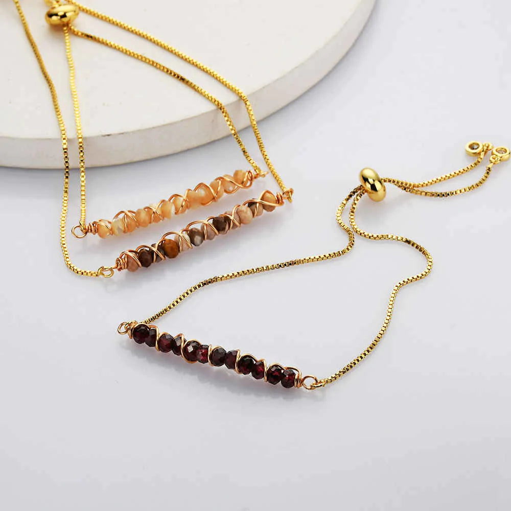 Natural Quartz/Crystals Wired Bracelet - Adjustable Chain+ 24k Gold Plated