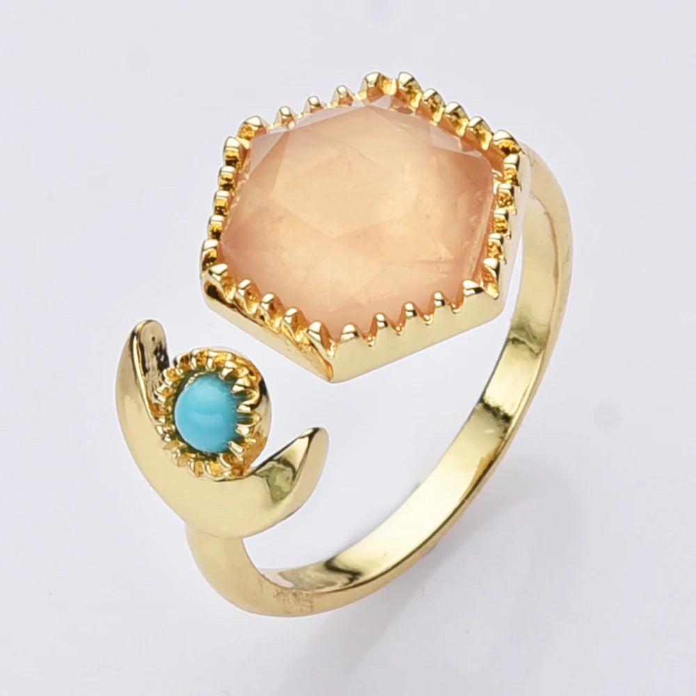 Hexagon Natural Quartz Crystals Ring - 24k Gold Plated