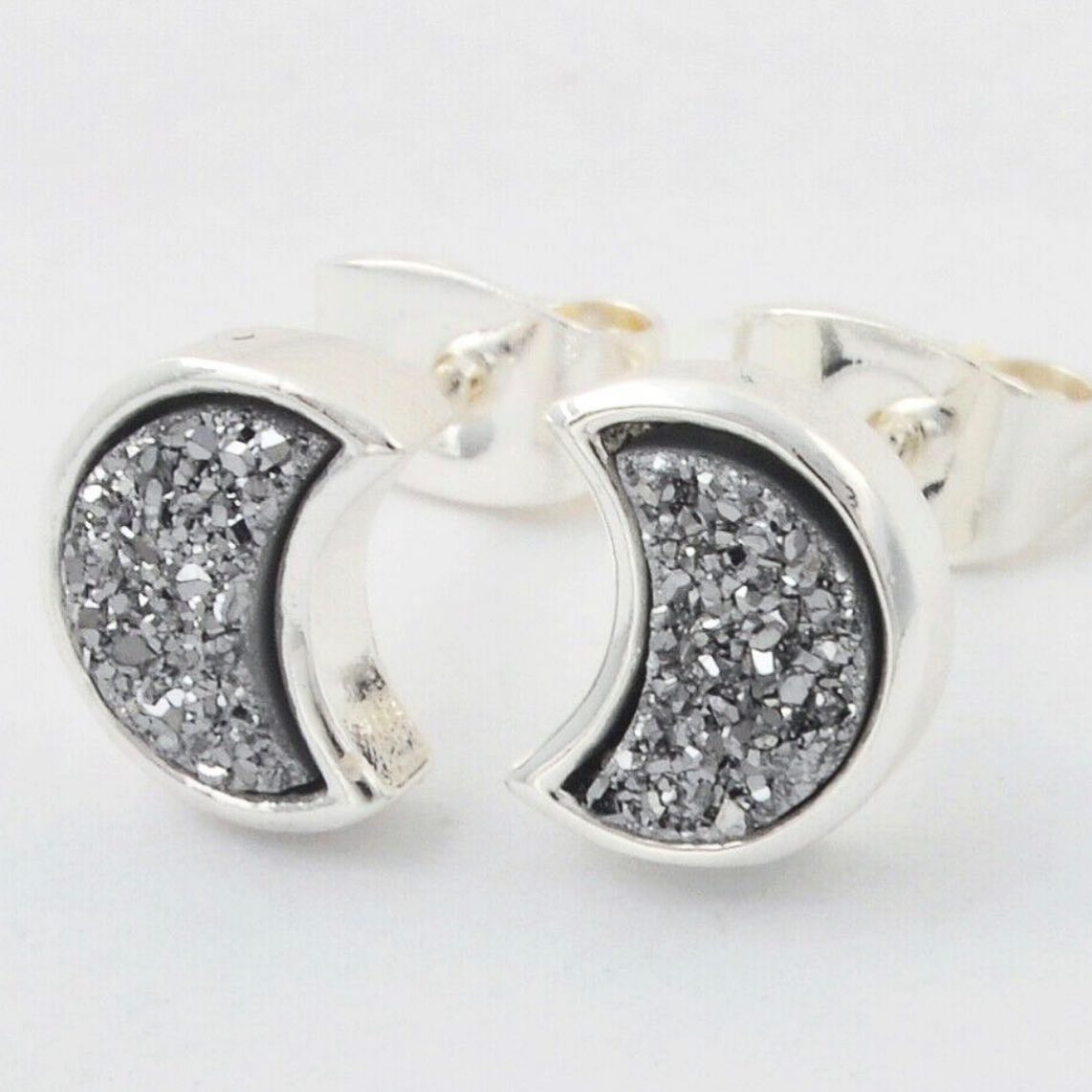 Moon Natural Quartz Earrings - Silver Plated