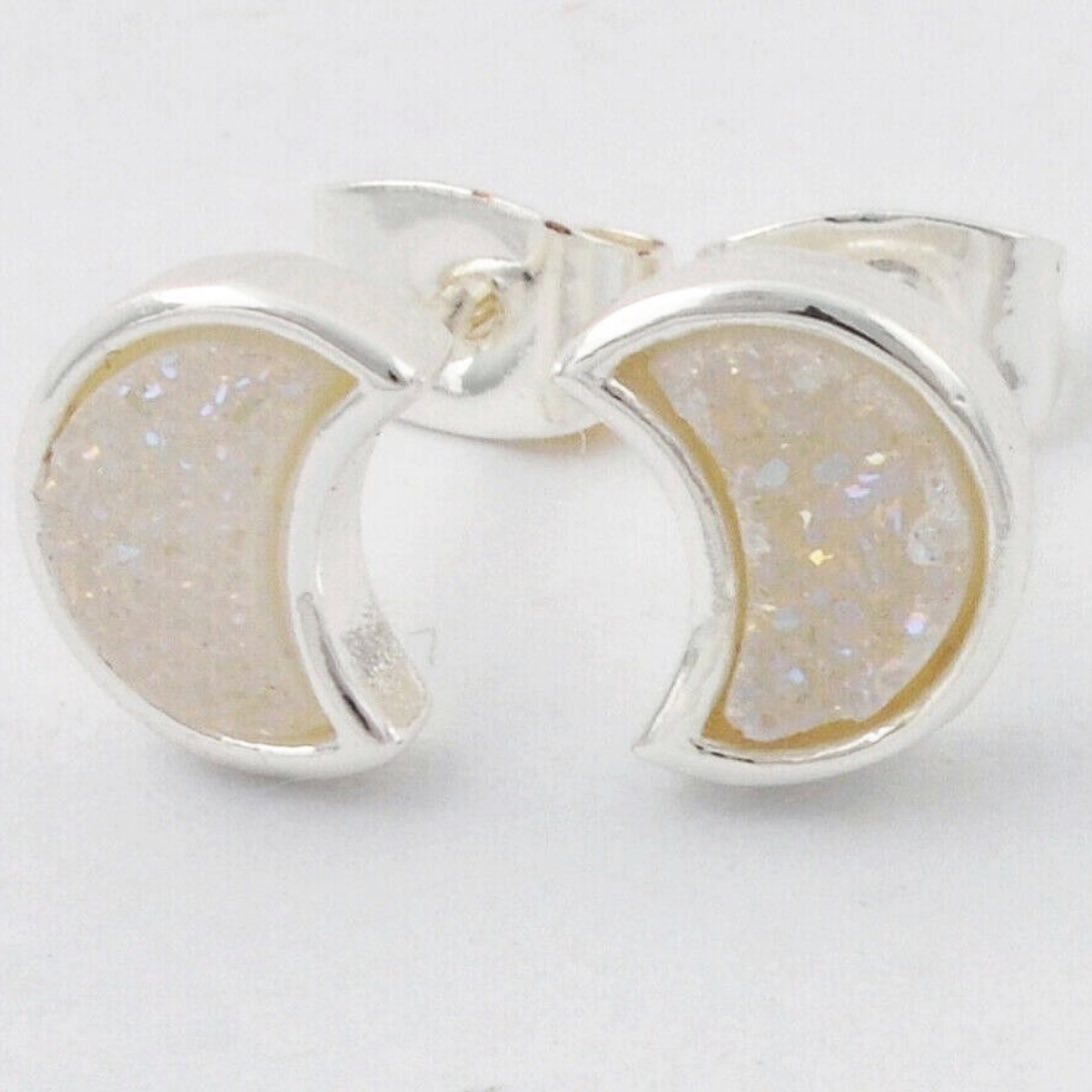 Moon Natural Quartz Earrings - Silver Plated