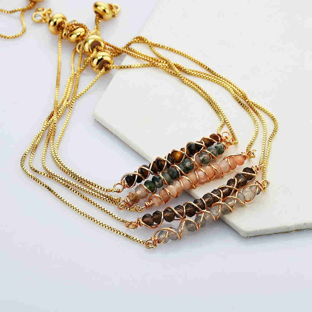 Natural Quartz/Crystals Wired Bracelet - Adjustable Chain+ 24k Gold Plated
