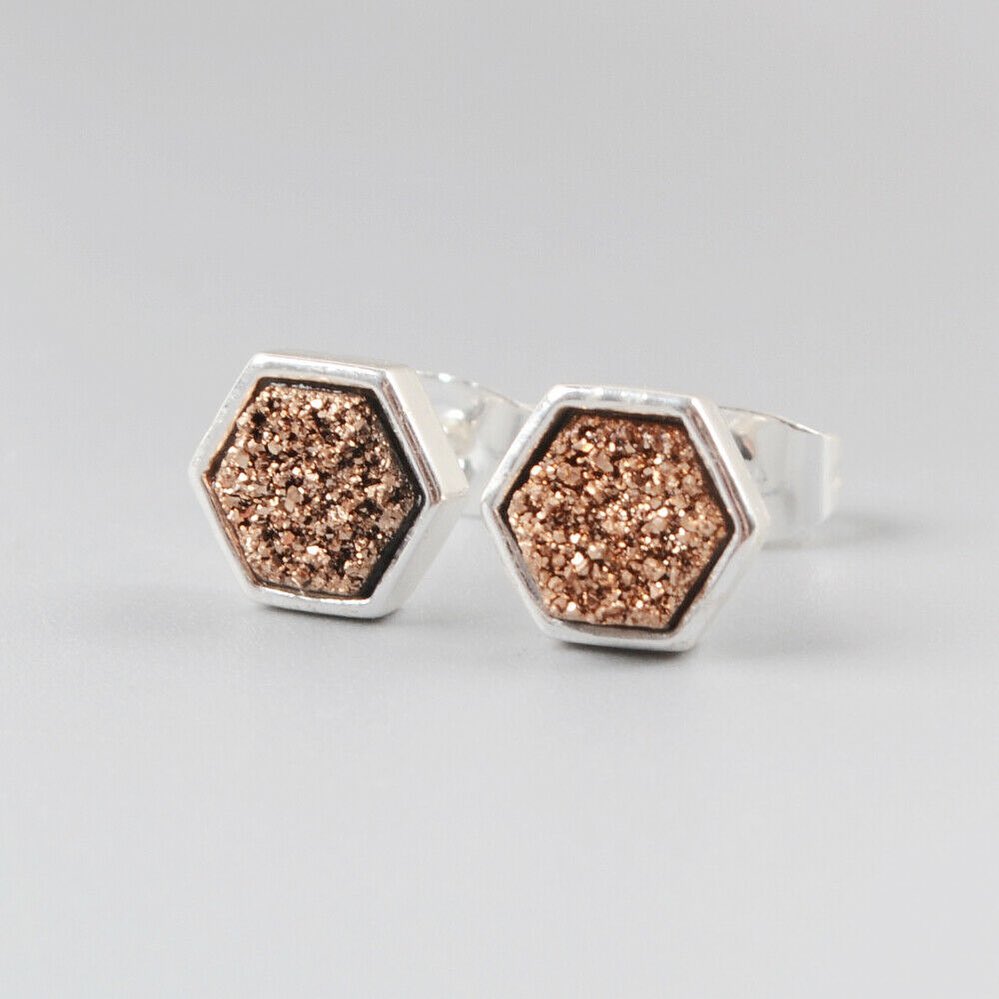 Hexagon Natural Quartz Earrings - Silver Plated
