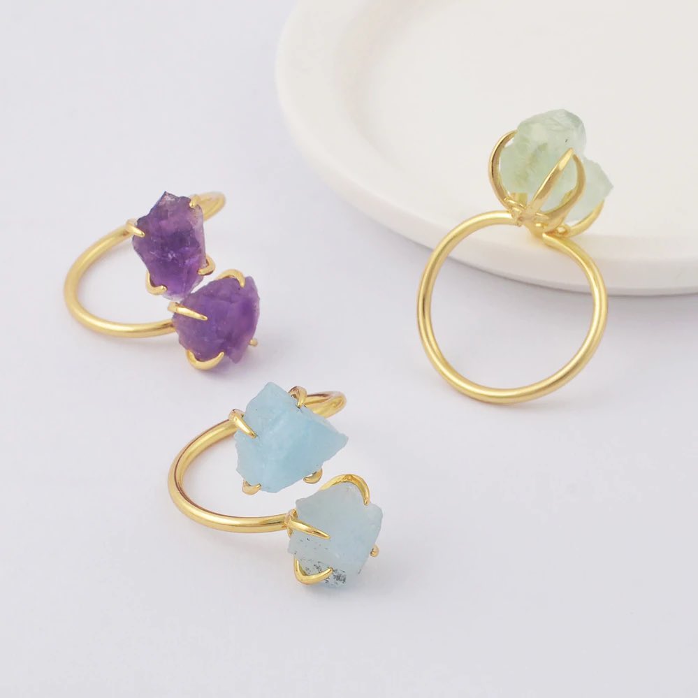 Natural Raw Crystals Claw Ring - 24k Gold Plated