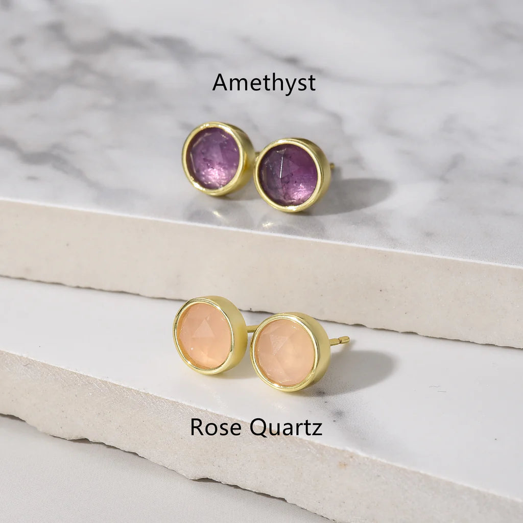 Round Faceted Natural Quartz Earrings - 24K Gold Plated