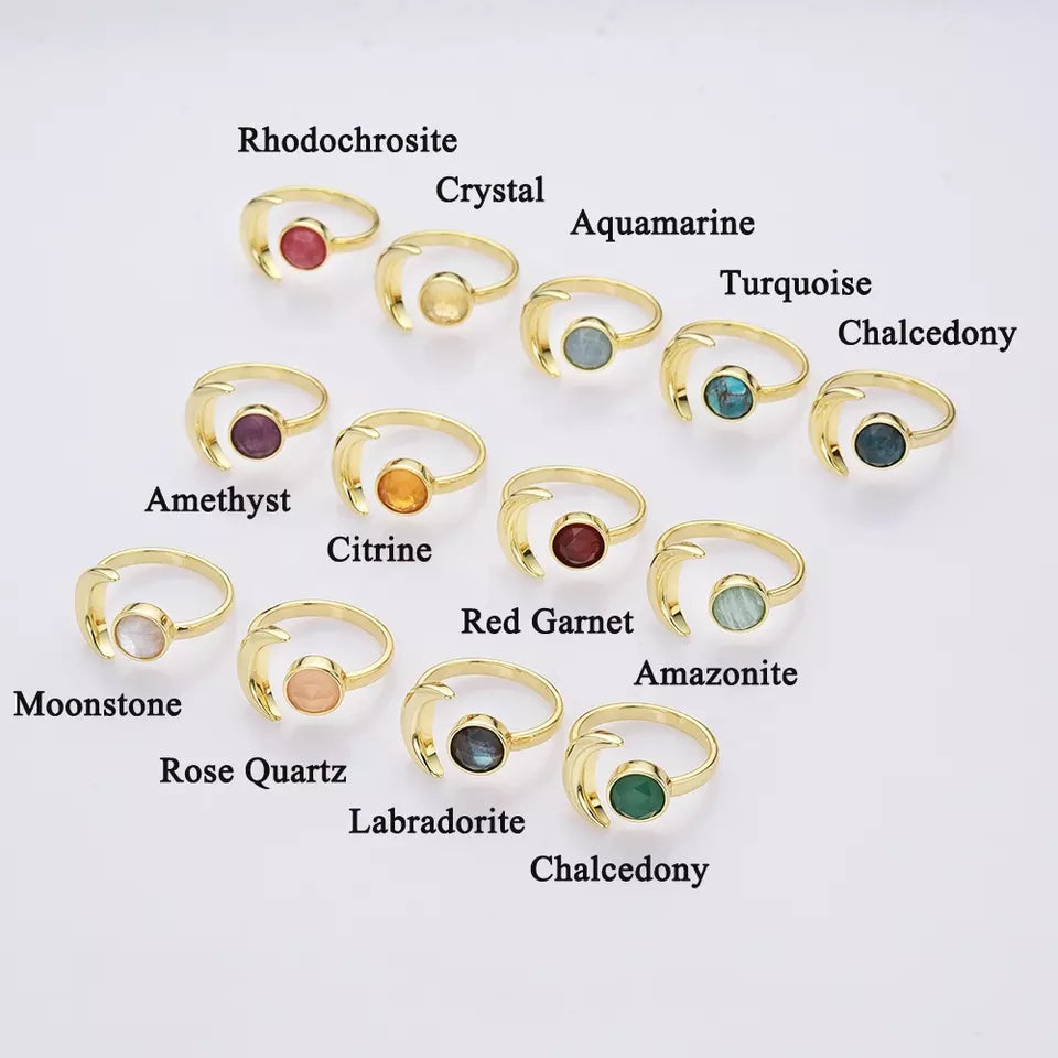 Natural Crystals Moon Ring- 24k Gold Plated