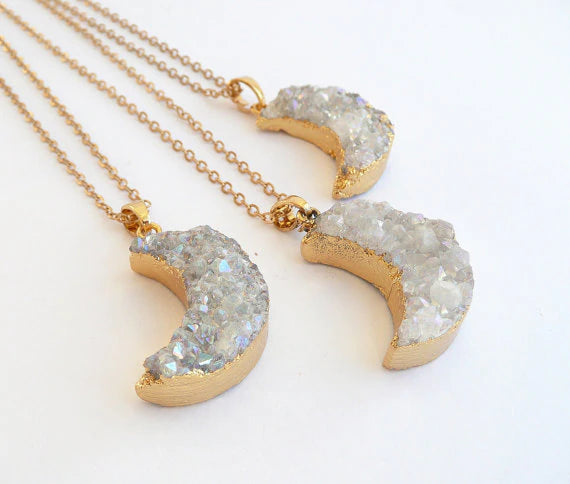 Natural White Quartz Moon Necklace + 24K Gold Plated