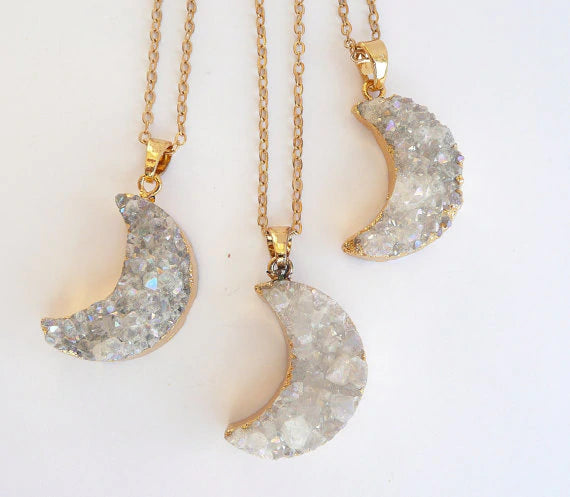 Natural White Quartz Moon Necklace + 24K Gold Plated
