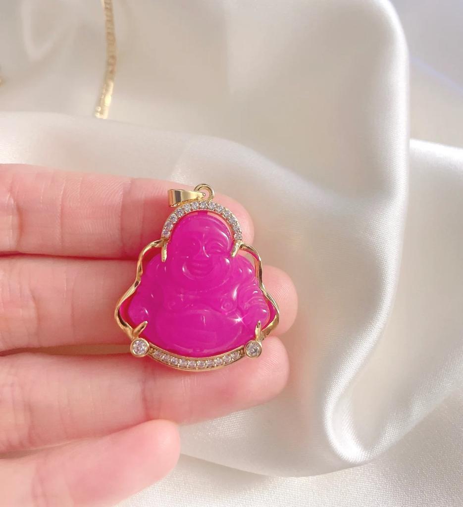 Deep Pink Buddha Natural Jade Necklace + 18k Gold Filled