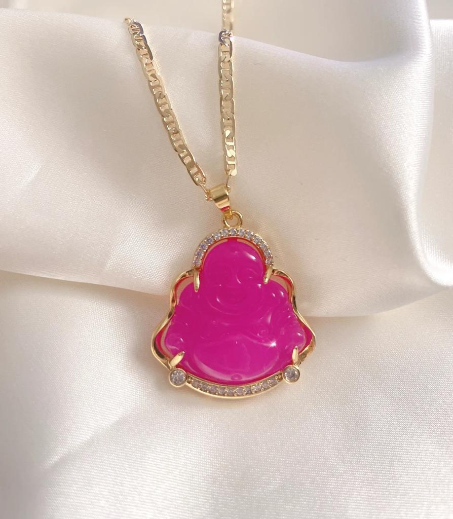 Deep Pink Buddha Natural Jade Necklace + 18k Gold Filled