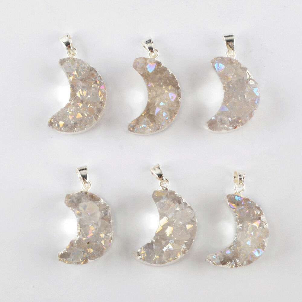Natural White Quartz Moon Necklace + Silver Plated