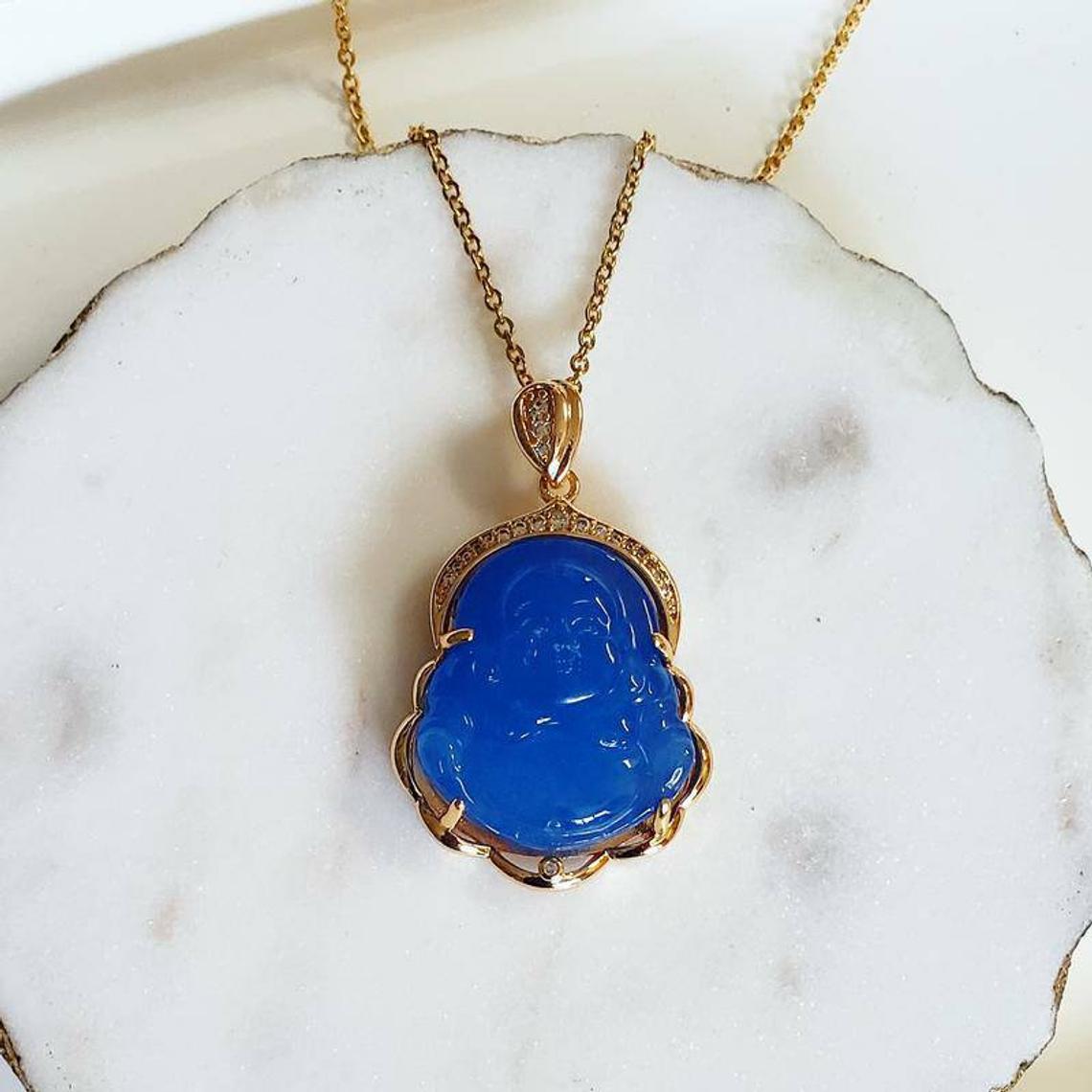 Blue Buddha Natural Jade Necklace + 18k Gold Filled