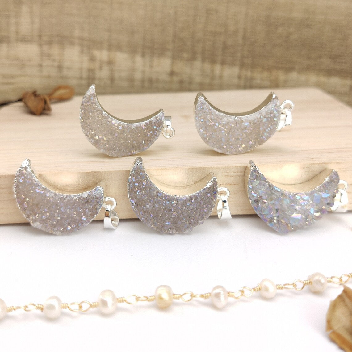 Natural White Quartz Moon Necklace + Silver Plated