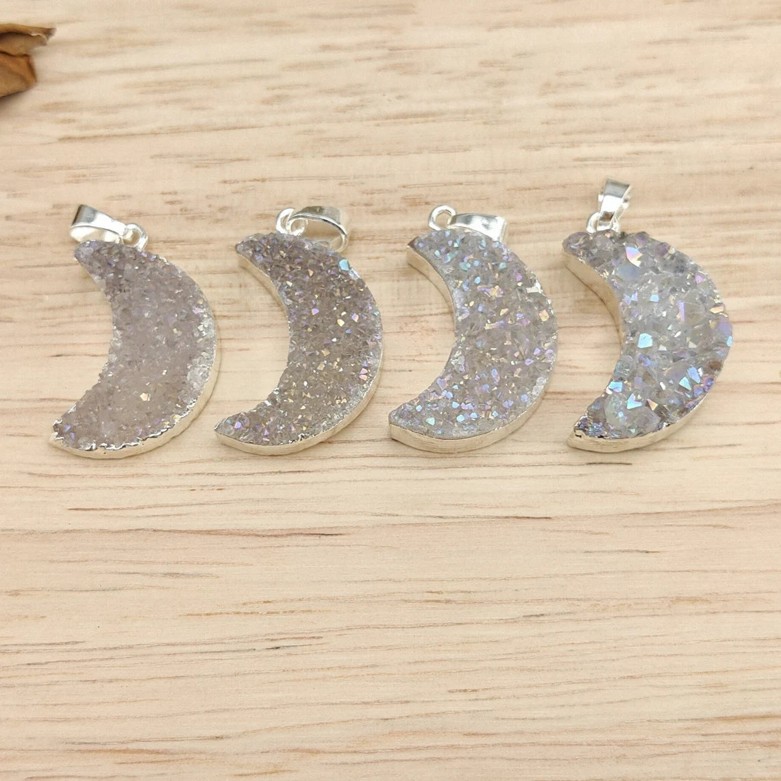 Natural White Quartz Moon Necklace + Silver Plated