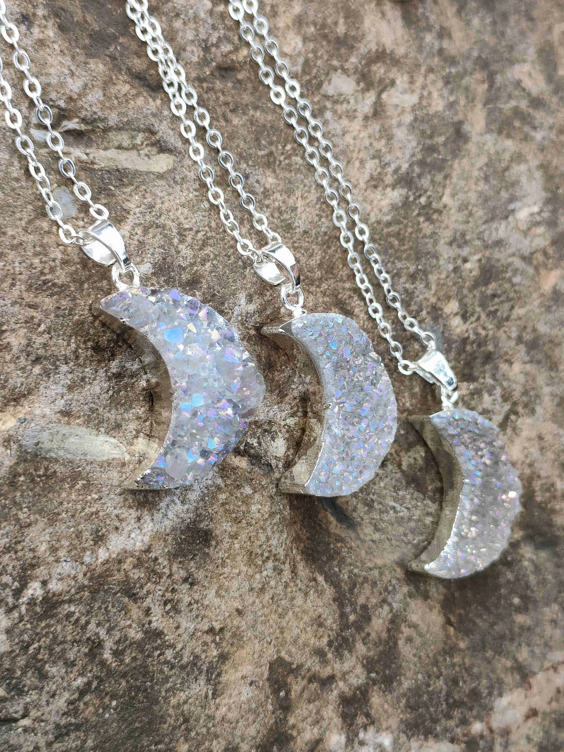Natural White Quartz Moon Necklace + Silver Plated
