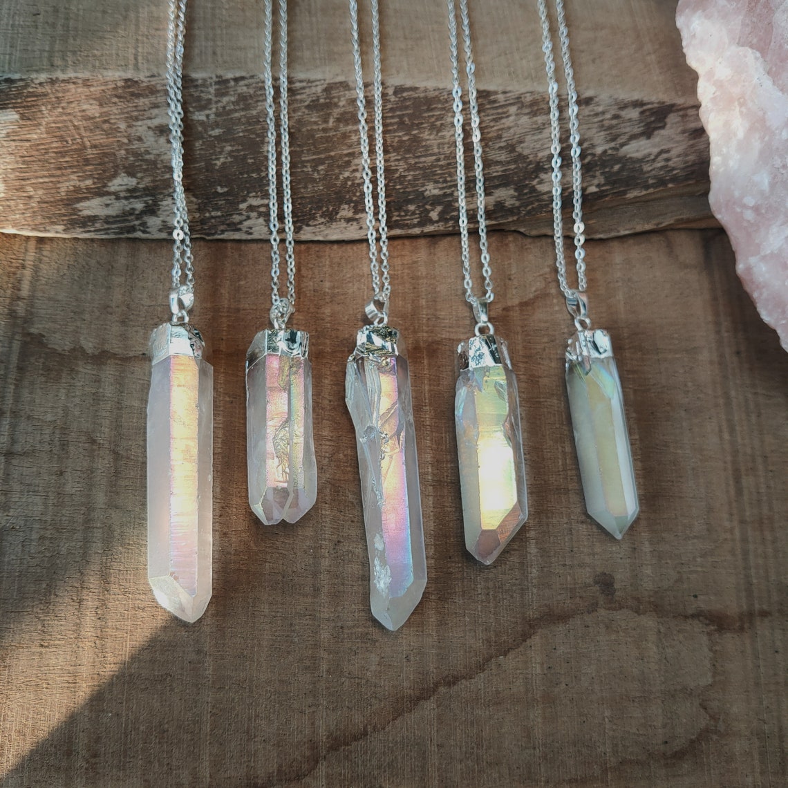 Natural White Quartz Pointed Necklace - Silver Plated