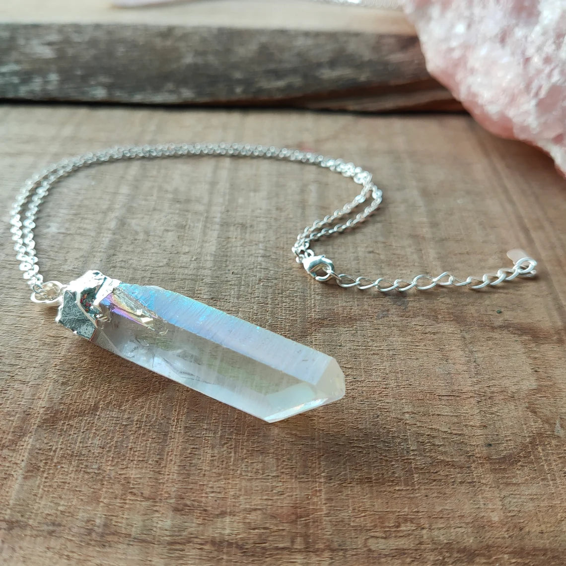 Natural White Quartz Pointed Necklace - Silver Plated