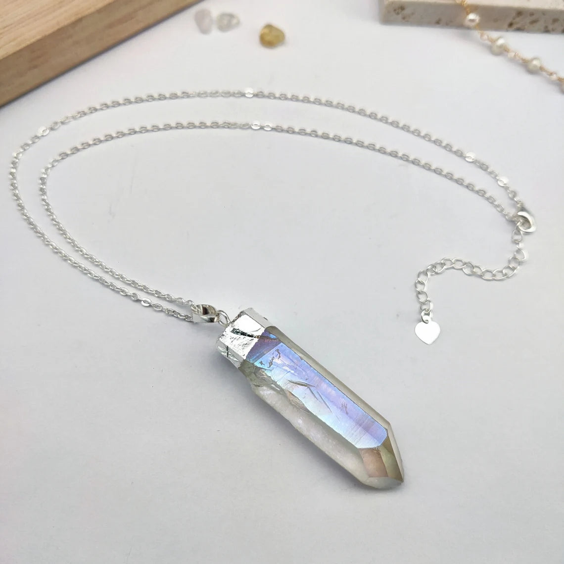 Natural White Quartz Pointed Necklace - Silver Plated