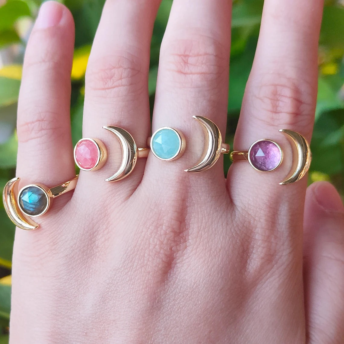 Natural Crystals Moon Ring- 24k Gold Plated