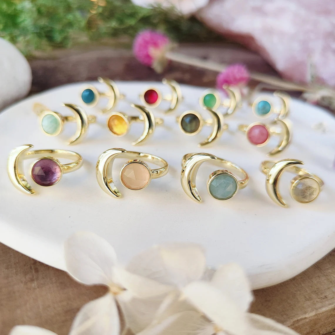 Natural Crystals Moon Ring- 24k Gold Plated