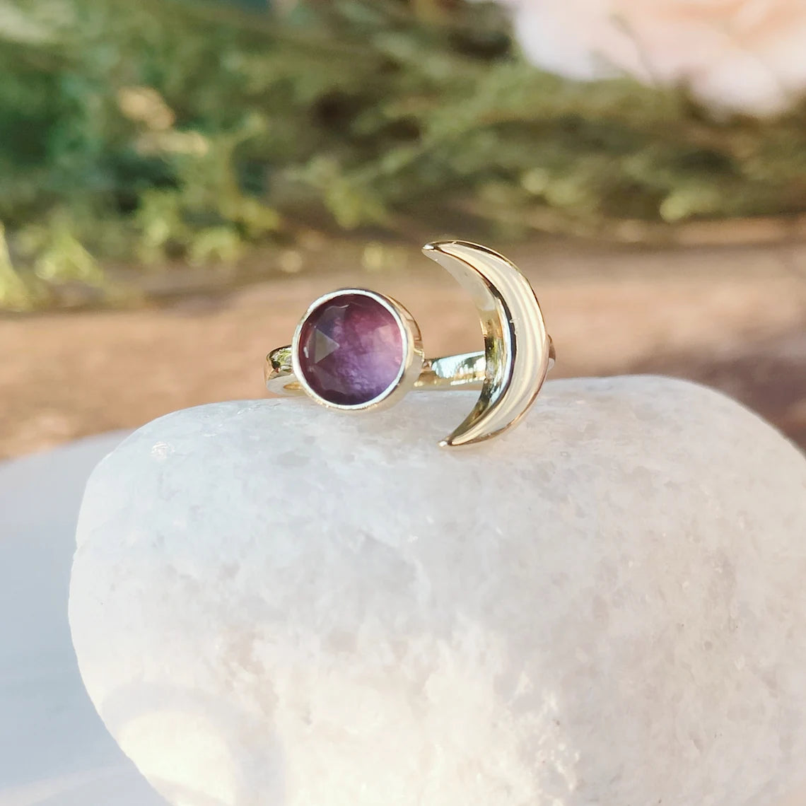 Natural Crystals Moon Ring- 24k Gold Plated