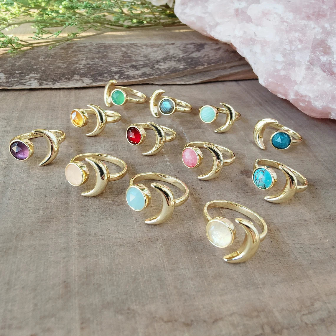 Natural Crystals Moon Ring- 24k Gold Plated