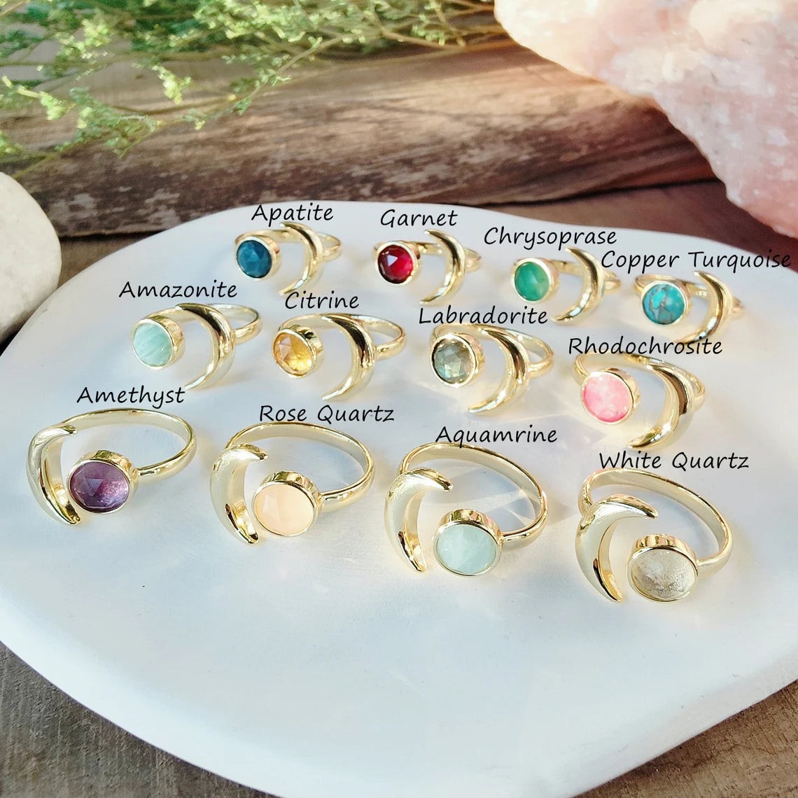 Natural Crystals Moon Ring- 24k Gold Plated