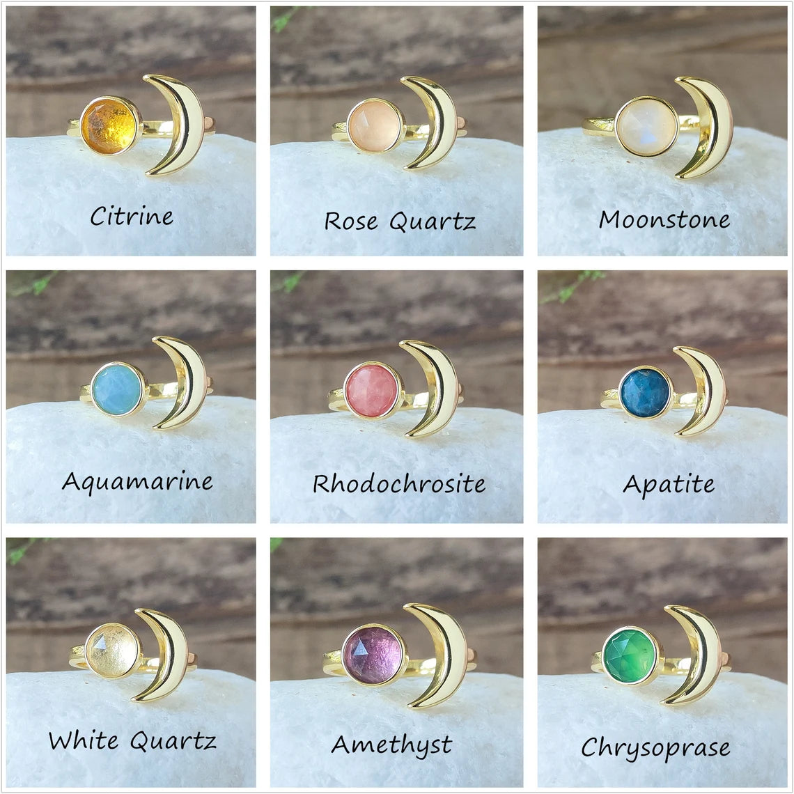 Natural Crystals Moon Ring- 24k Gold Plated