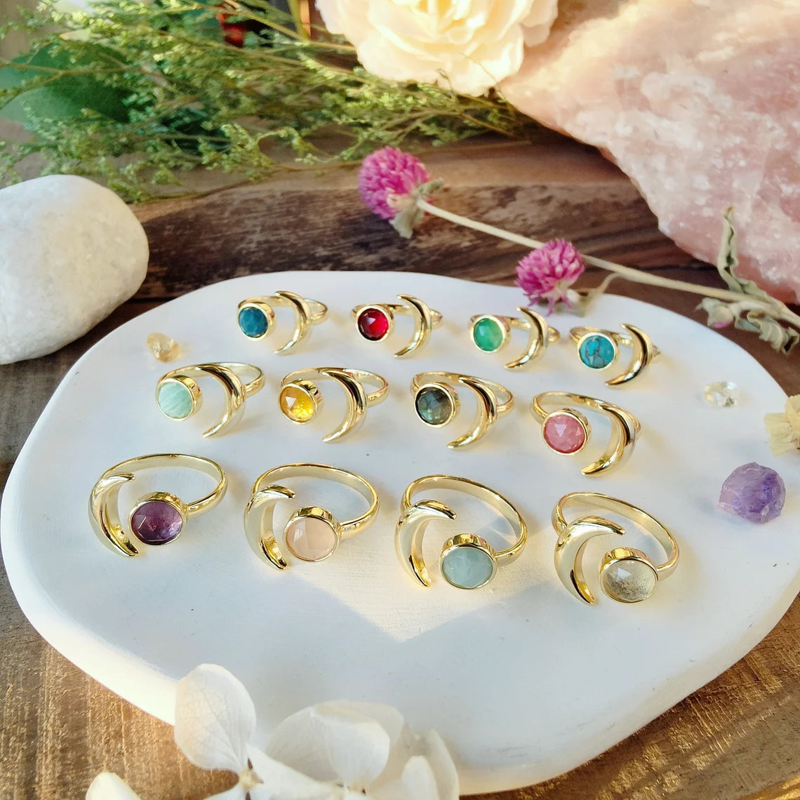 Natural Crystals Moon Ring- 24k Gold Plated