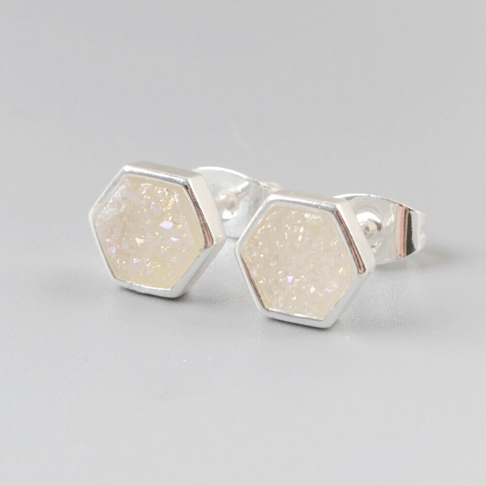 Hexagon Natural Quartz Earrings - Silver Plated